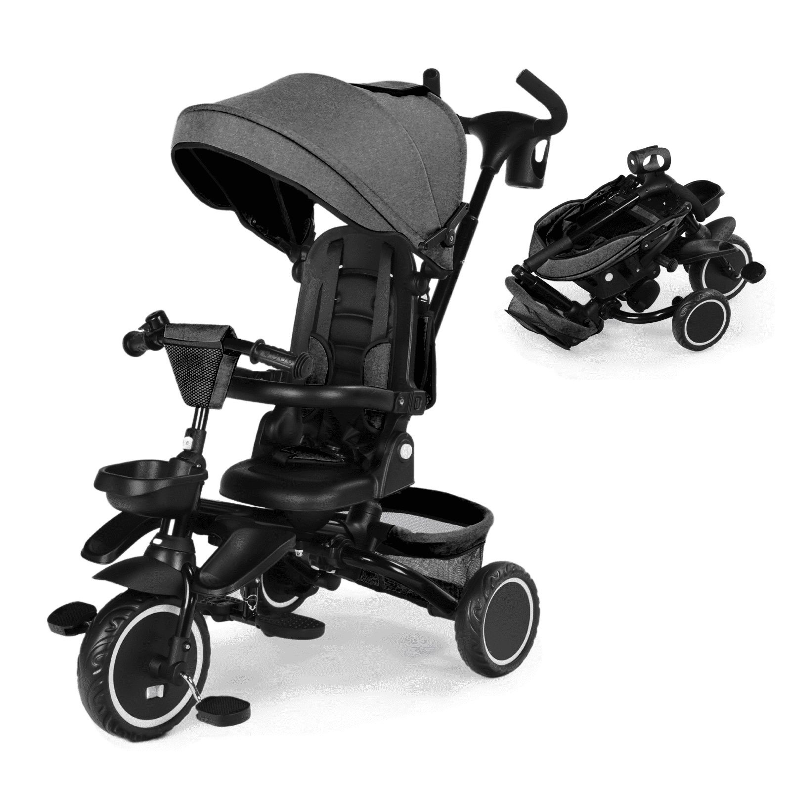 LINLUX 8 in 1 Kids Tricycle, Folding Toddler Trike with Push Handle, Tricycle for Kids, Gray
