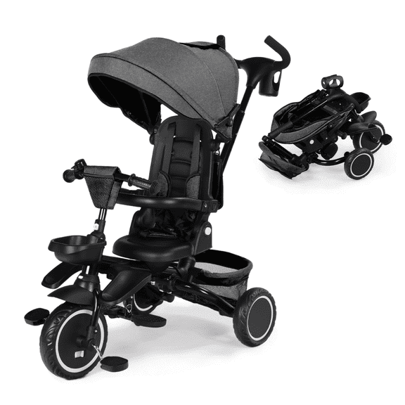 LINLUX 8 in 1 Kids Tricycle, Folding Toddler Trike with Push Handle, Tricycle for Kids, Gray