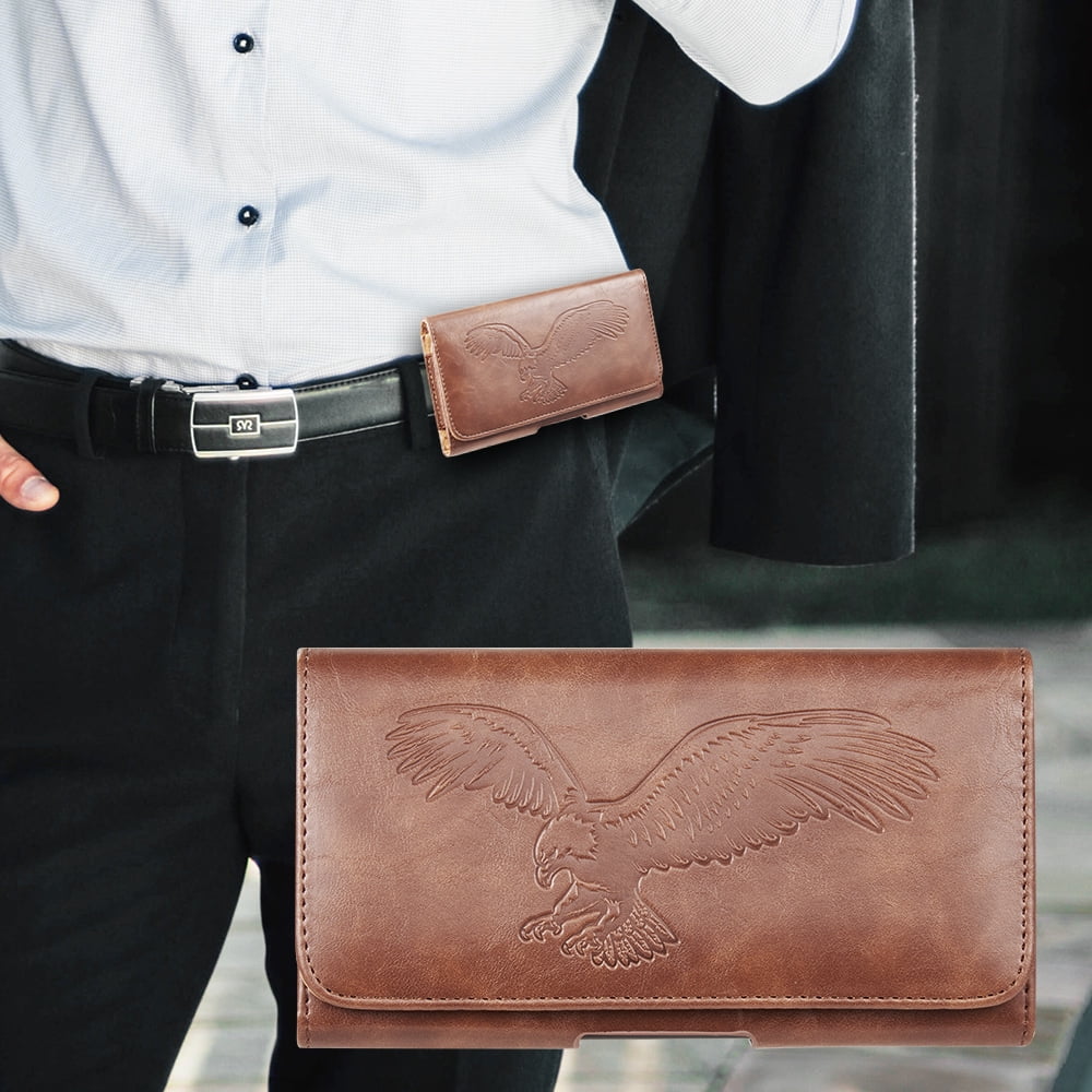 6.5-inch Horizontal Brown PU Leather Cell Phone Holster Universal Fit with Belt Clip, Embossed Eagle Design