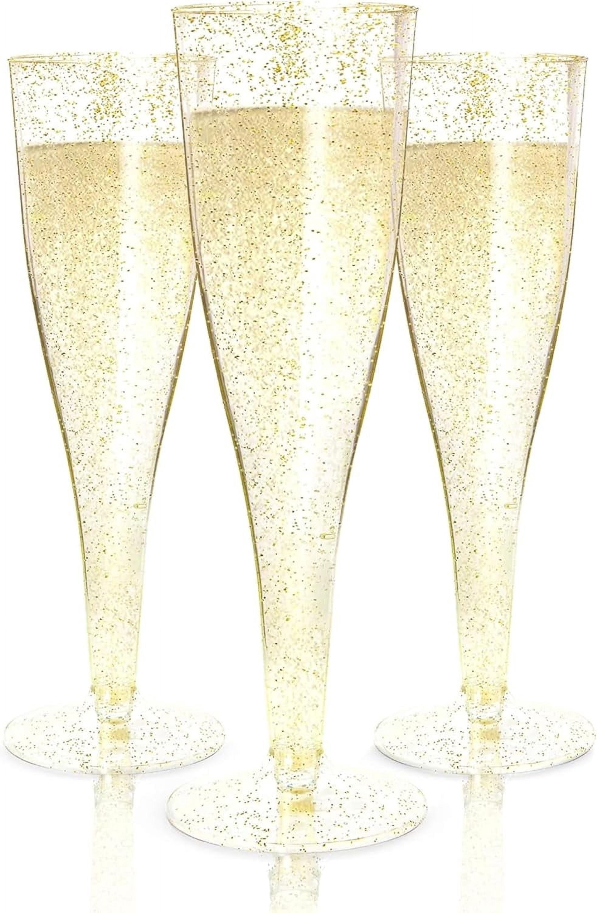 200 Disposable Champagne Flutes Gold Glitter Glasses - 6 Oz Plastic Champagne Cups for Parties, Wedding Toasts, Mimosa Bar, and New Year’s Eve - Elegant Bulk Gold Plastic Wine Flutes