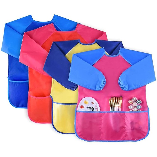 Delantal para niños de 4 piezas, delantal para pintar para niños con manga larga, edad de 2 a 6 años (pinturas y pinceles no incluidos). Afortunado Sencillez