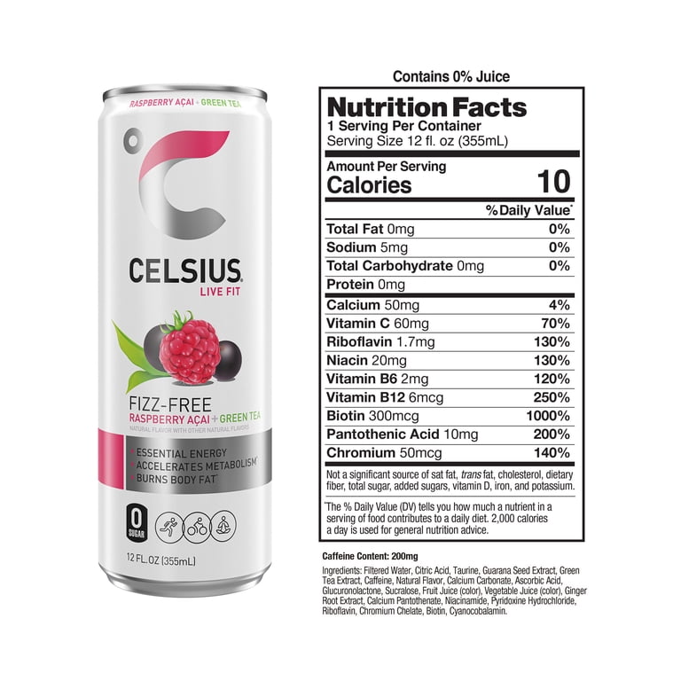 CELSIUS, Energy Drink, 12 fl oz, Raspberry Acai Green Tea