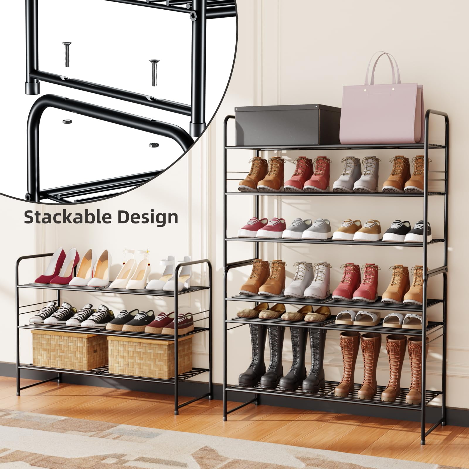 3-Tier Metal Shoes Rack for Closet, 33" Wide Shoe Storage Organizer, Black