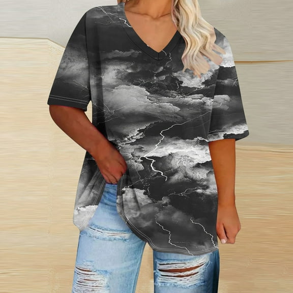 Xixinqiwan Womens Plus Size Tops Floral Short Sleeves Blouses Summer V Neck Tunic Loose Casual T Shirts Black XXXL
