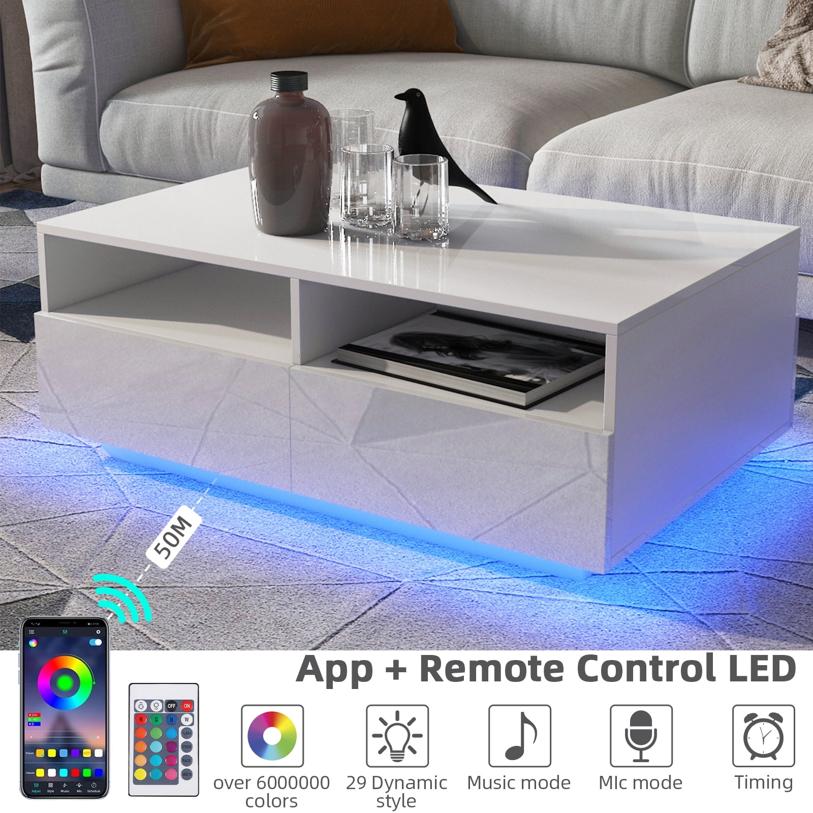 Hommpa LED Coffee Table Rectangular High Gloss Coffee Tea Table Modern Center Table with LED Light 4 Storage Drawers Sofa End Table for Living Room 35.4 x 22 x 13.8 Inches