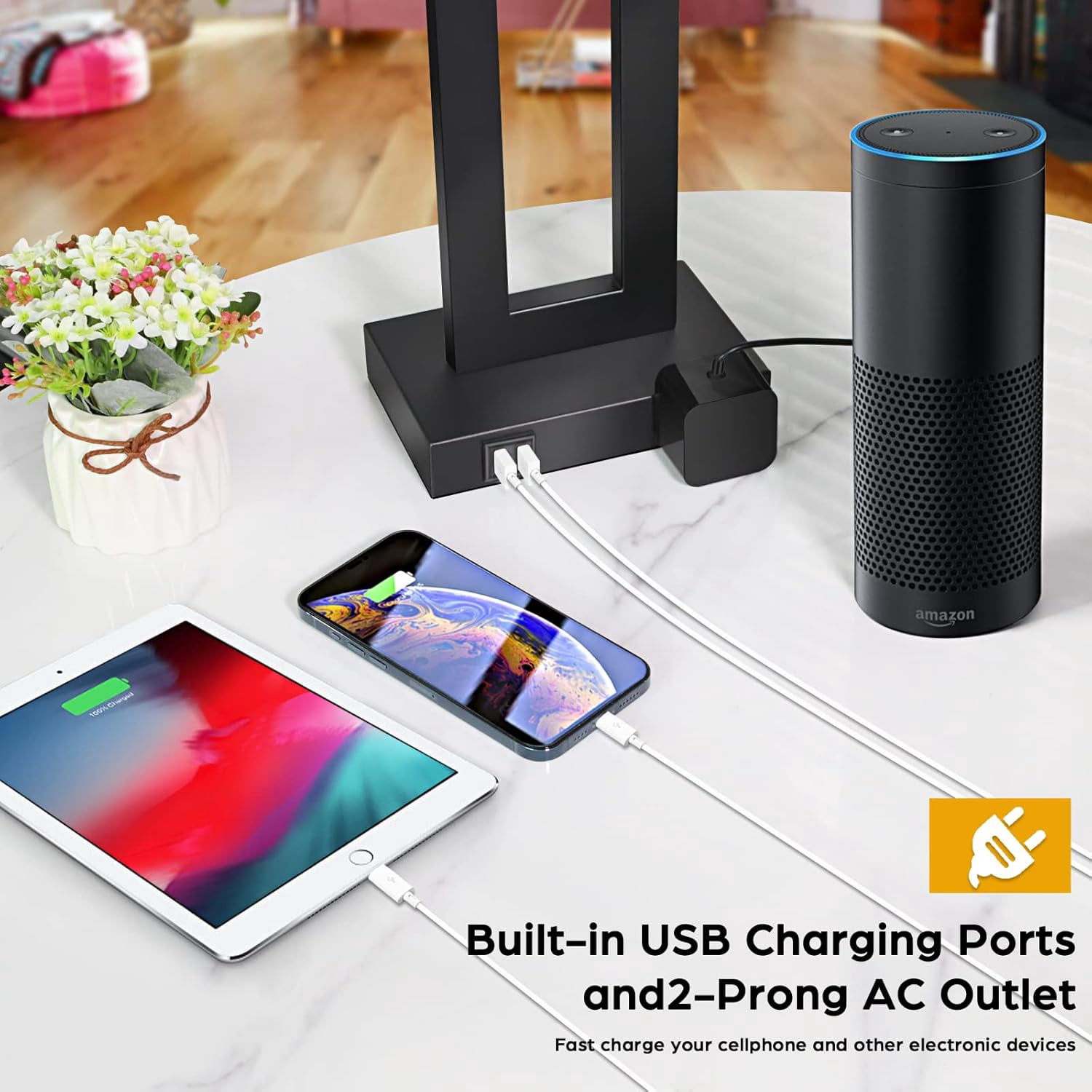 Nordic Hygge Set of 2 Touch Control Dimmable Table Lamp with 2 USB Ports, Grey Shade
