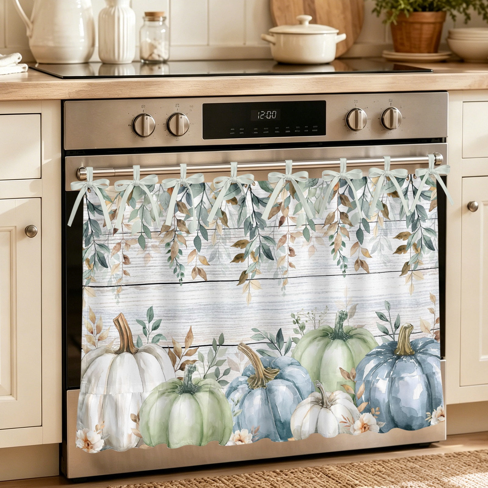 Oven Curtain for Kitchen Thanksgiving Pumpkin Fall Leaves Stove Curtain With Ruffled Trim Dishwasher Curtains Farm Retro Wood Board Oven Skirt 30 x21.5