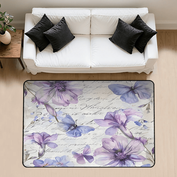 CURLYOOT Purple Flower Butterfly Area Rug 3x5 Ft Rugs for Entryway Entrance Kitchen, Washable Non Slip Phrase Words Indoor Floor Carpet for Bedroom Living Room