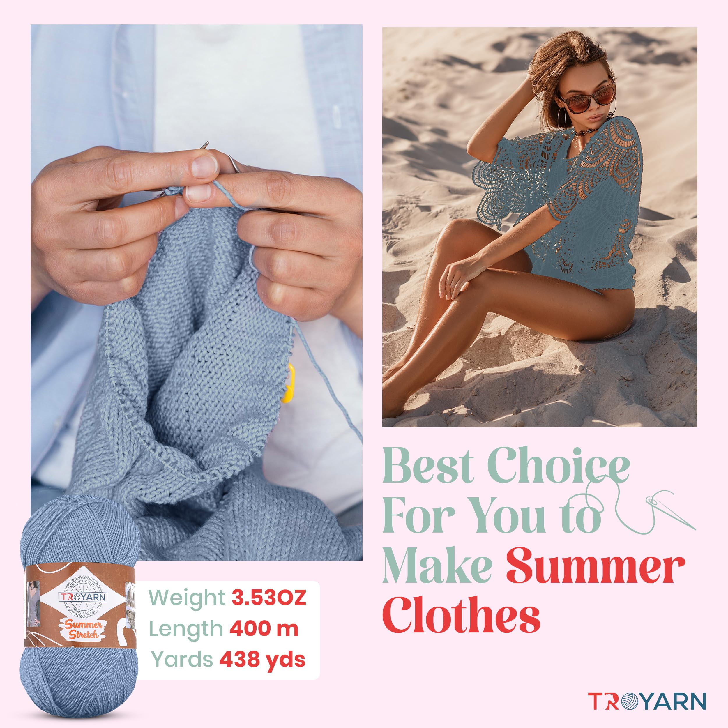 Troyarn Summer Stretch Acrylic Yarn for Crocheting - 4 Skeins of Blue Yarn Made from 100% Elastic Microfiber Acrylic for Knitting, 100gr 438 yds (114350 - Light Blue)