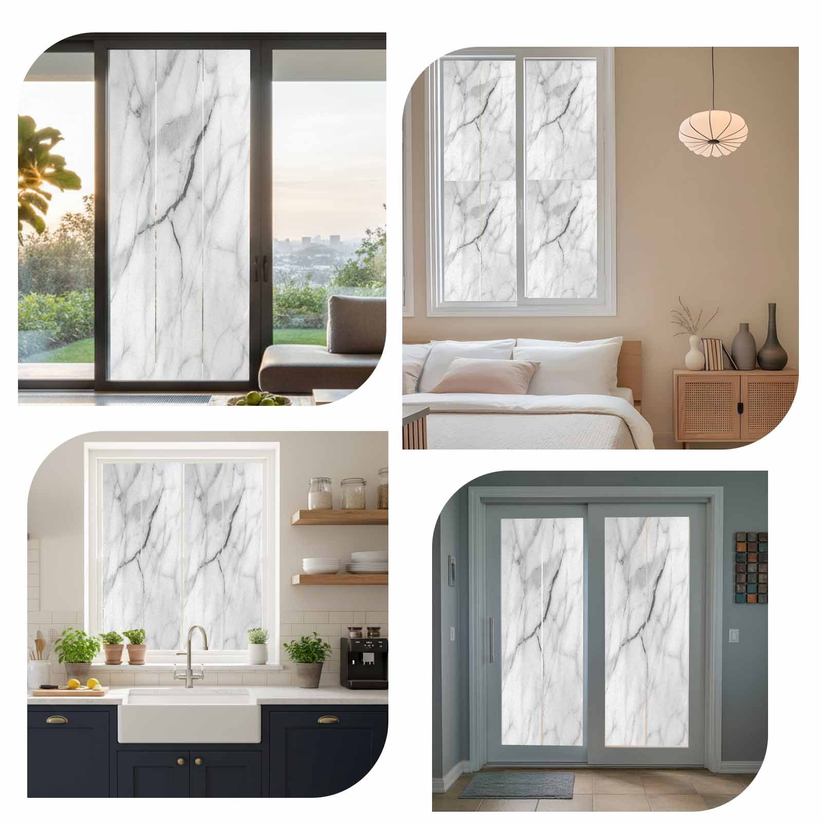White Marble Window Privacy Film, Modern Geometric Abstract Minimalist Crack Static Cling UV Sun Blocking Heat Control Window Tint, Non-Adhesive One Way Windows Privacy Cover 35.4''x78.7''
