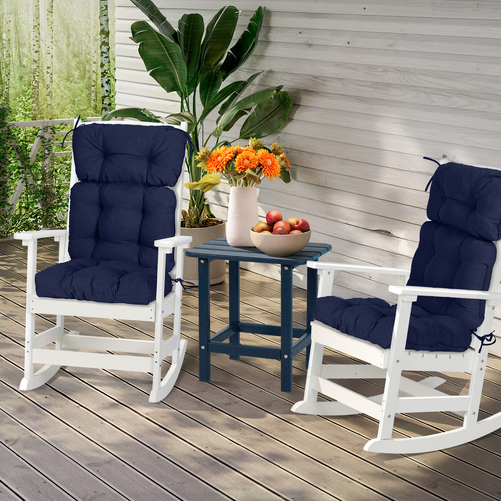 Aoodor Outdoor 45"x 22" x5" Tufted High Back Cushions Patio Replacement Chair Cushion with Ties, Water and Fade Resistant for All Weather (Dark Blue, Set of 2）