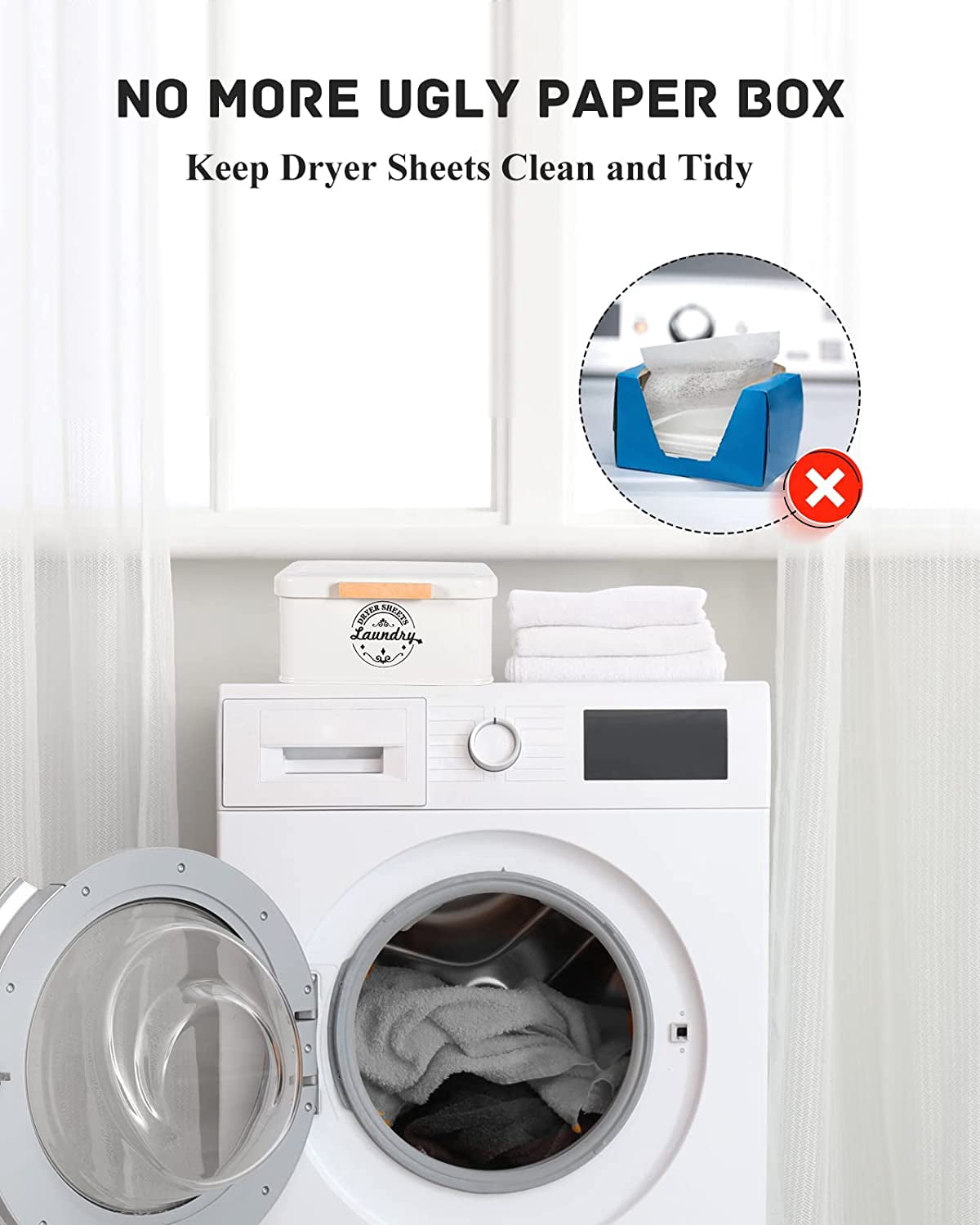 Dryer Sheet Holder with Hinged Lid for Laundry Room Organization. Metal Dispenser Container, Farmhouse Decor and Accessories Sheets Holder, Cream