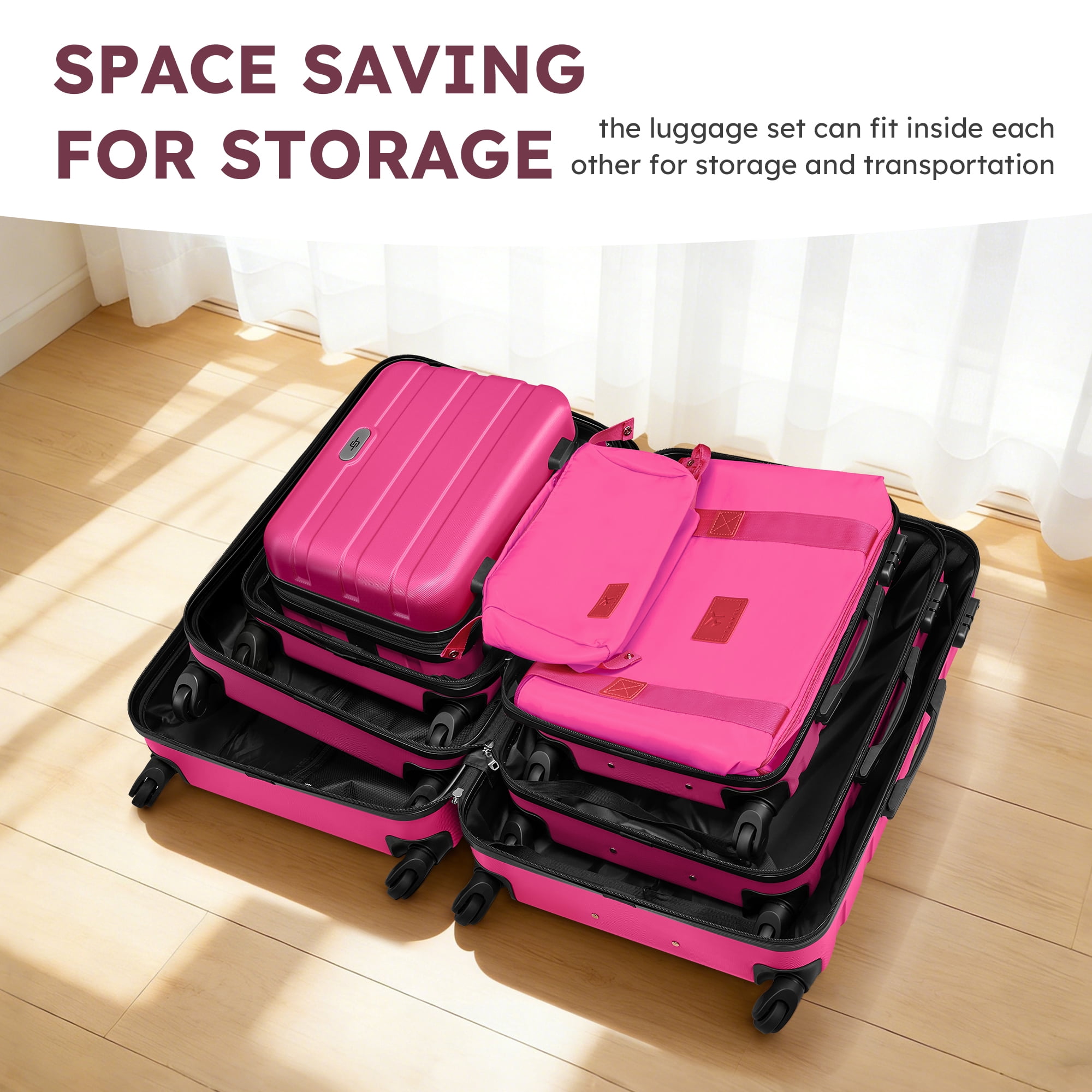 Gowill 6 Piece Luggage Sets,13/20/24/28 inch Hardside Lightweight ABS Suitcase With Expandable Duffle Bag (Rose Red)