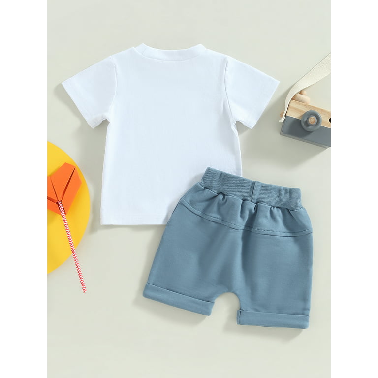 Qtinghua Toddler Baby Boy Summer Clothes Letter Print Short Sleeve T-Shirt  Drawstring Shorts 2Pcs Casual Outfits White B 6-12 Months