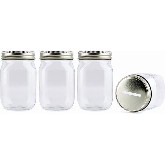 Cornucopia Brands Small Coin Bank Jars (4-Pack, Clear); 16oz Clear Plastic Mason Jar Coin Banks w/Gold Slotted Lids