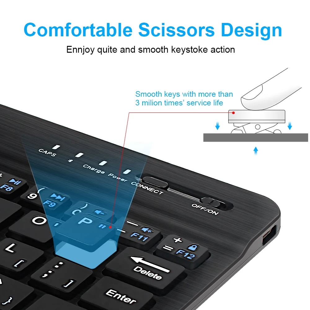 JIMTAB Ultra-Slim Bluetooth Keyboard 10 Inch Portable Mini Wireless Keyboard Rechargeable for Apple iPad iPhone Samsung Tablet Phone Smartphone iOS Android Windows