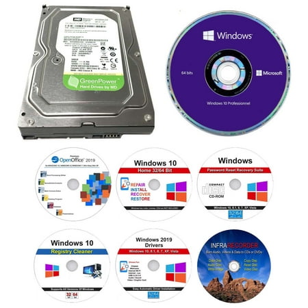 8 in 1 Bundle, OEM Windows 10 Professional 64 bit DVD, Refurbished Western Digital WD5000AVDS 500GB 5400RPM 32MB Cache SATA 3.0Gb/s 3.5” Internal HD, Open Office 2019, Password Reset & More (Best Windows Password Recovery)