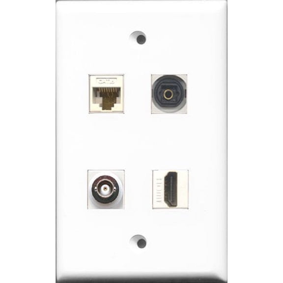 RiteAV 1 Port HDMI and 1 Port Toslink and 1 Port BNC and 1 Port Cat6 Ethernet White Wall Plate