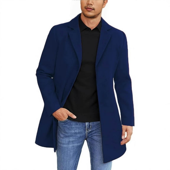 Mrmaere Men's Long Coat Lapel Collar Comfortable Outerwear for Daily & Casual Blue L