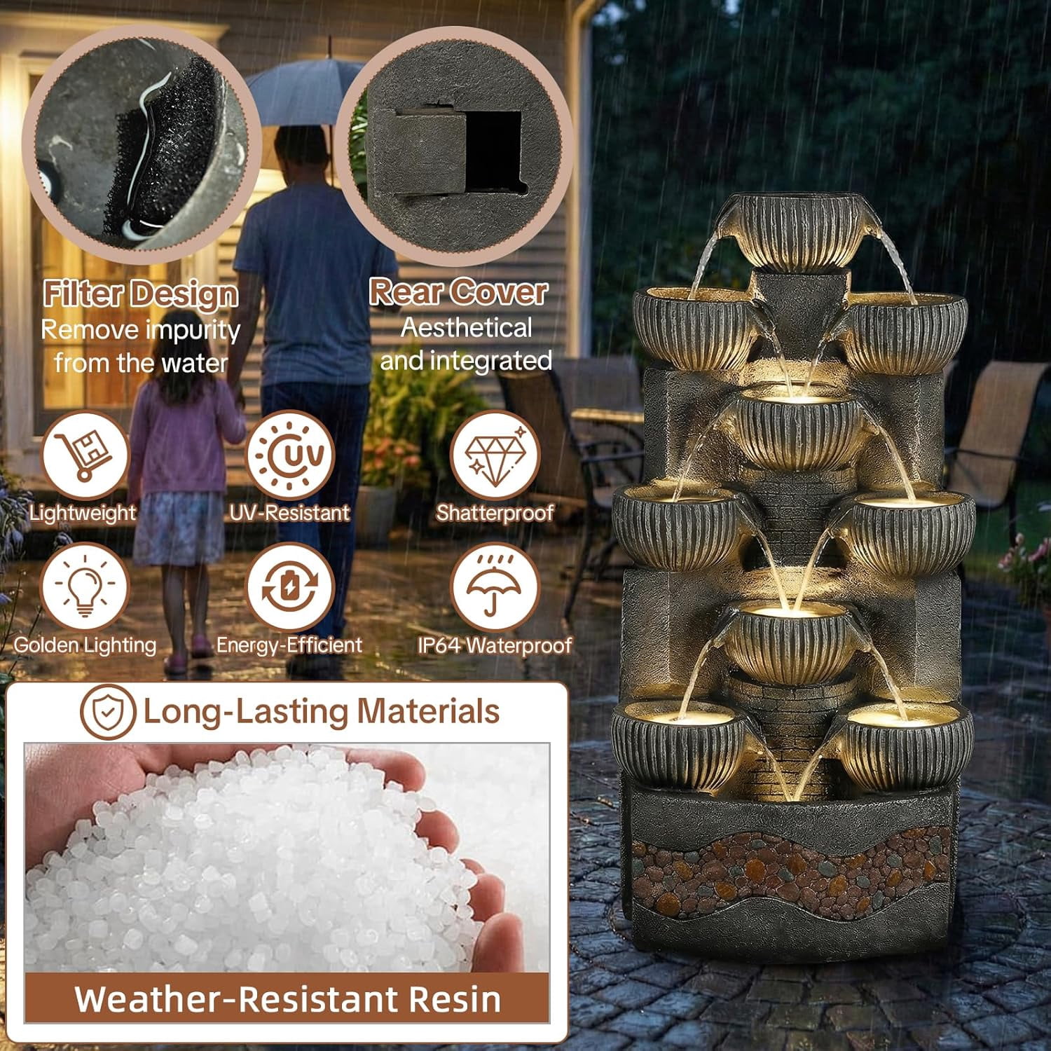 HOMEDIARY Modern 39.5" Tall Outdoor Water Fountain, Large 10-Tier Cascading Bowls Waterfall Fountain with LED Lights, Stone Texture Floor-Standing Resin Water Feature for Deck, Patio, Yard & Indoor