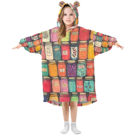 FORMRS Wearable Blanket Hoodie with Sleeves for Kids Cozy Flannel Sweatshirt, Beige Jar