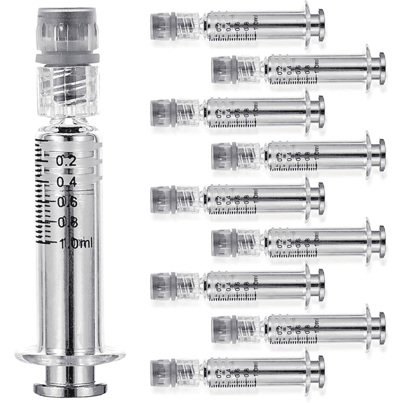 Hot Selling 10 pcs Luer Lock Glass Tubes with Gold/ Clear/ Silver Plunger (1 ml)