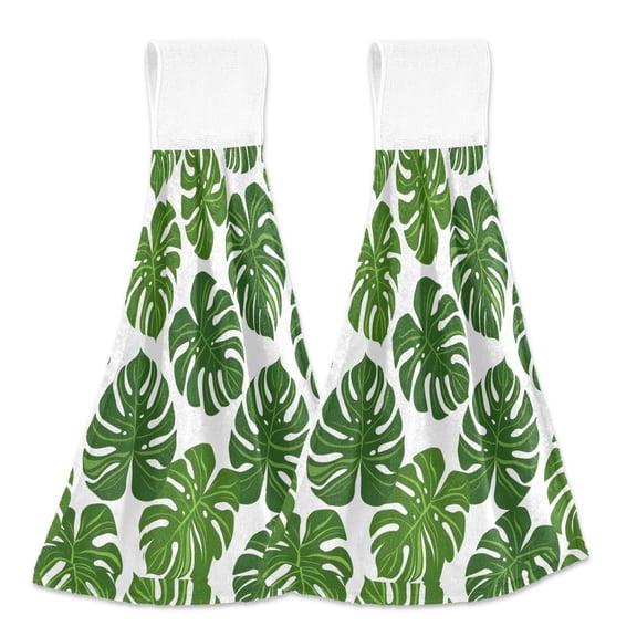 2 Pcs Monstera Leaf Kitchen Hand Towels with Hanging Loops Absorbent Soft Fast Drying Decor Bath Towels