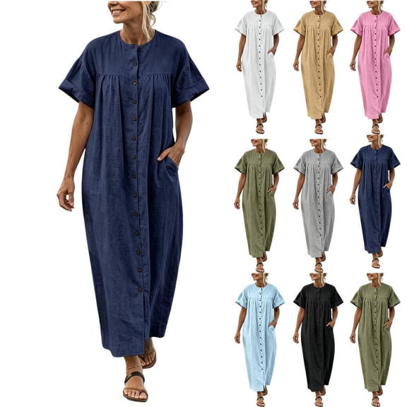 Bxsruta Womens Maxi Dress Casual Short Sleeve Button Down Shirt Dress Flowy Long Dresses