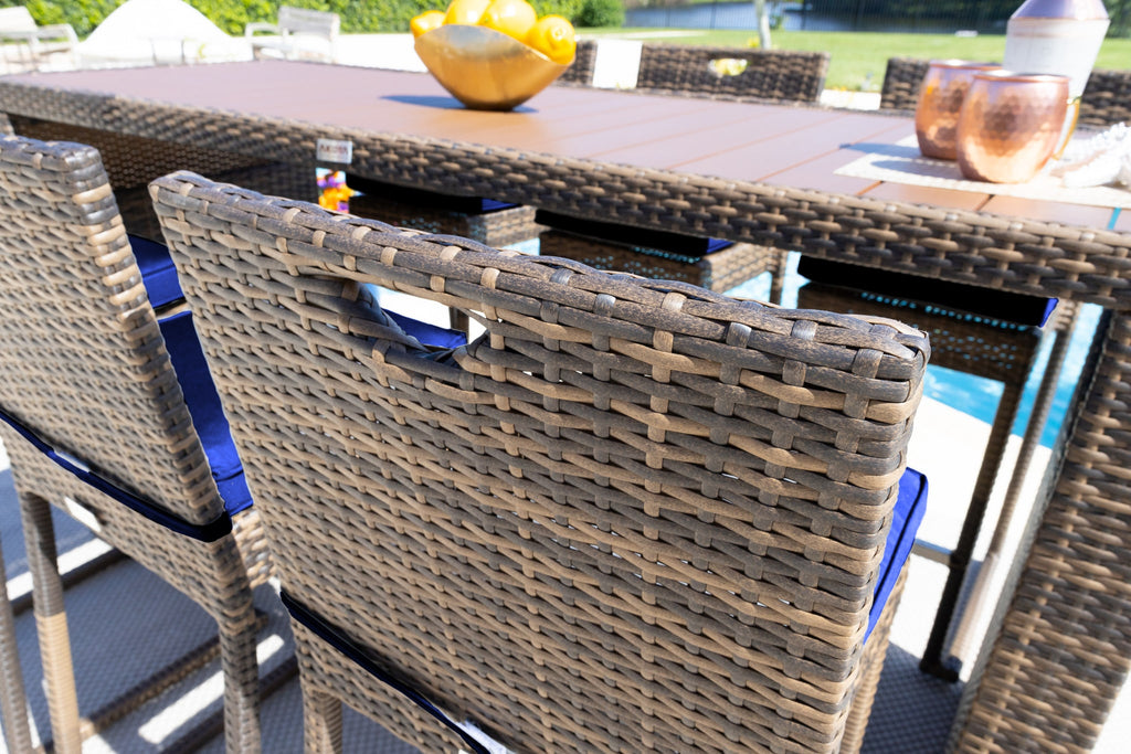 Sorrento 7-Piece Resin Wicker Outdoor Patio Furniture Bar Set in Brown w/Bar Table and Six Bar Chairs (Flat-Weave Brown Wicker, Sunbrella Canvas Navy) - image 4 of 5