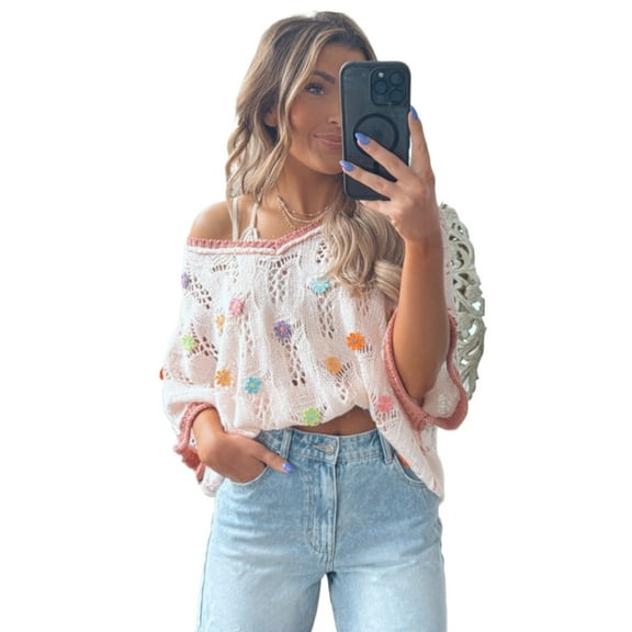 Women's Delicacy Embroidered Flowers Colorblock Edge Hollowed Half Sleeve Sweater | [ZhiHiMeRi] | (US 12-14)L