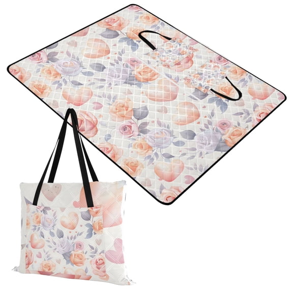 Extra Large Picnic Beach Blanket Waterproof Sand Proof Portable Outdoor Mat Hearts and Roses 60x80