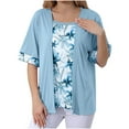 thumbnail image 1 of Short Sleeve Printed Top for Women, Loose Fit Fake Two-Piece Spliced Design with Square Neck, Polyester Fabric, Daily Wear, Blue, XXL, 1 of 5