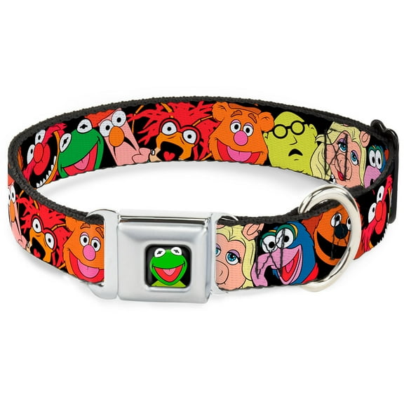 Disney Pet Collar, Dog Collar Metal Seatbelt Buckle, Muppets Faces Black, 9.5 to 13 Inches 1.0 Inch Wide