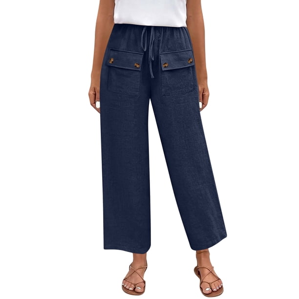 Pantalones Elásticos de Cintura para Mujeres Pantalones Largos de Cordón de Mezcla de Lino Sólido con Bolsillos Laterales Casual, Pantalones de Lino de Mujer con Bolsillos