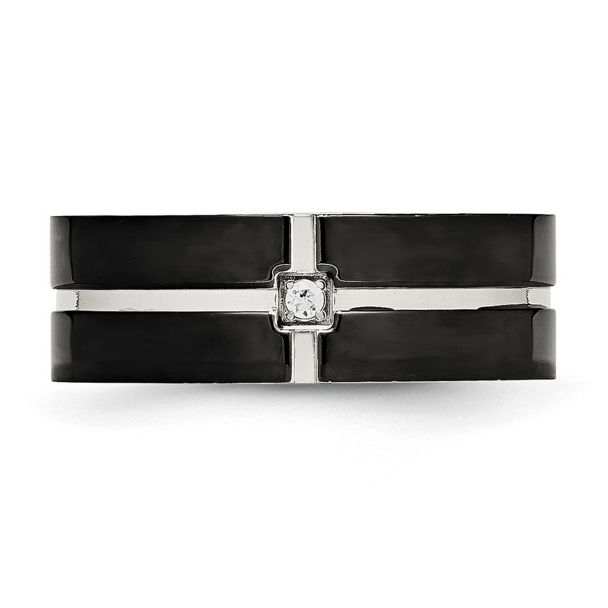 8mm Stainless Steel Polished Black Ip Grooved Cubic Zirconia Comfort Back Ring Size 12.5 Ring for Women