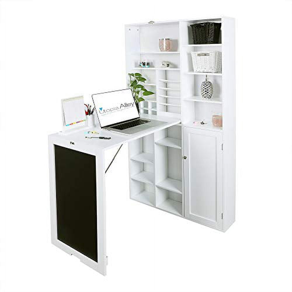 Utopia Alley Collapsible Fold Down Desk Table with Large Storage Cabinet  & Bottom Shelves - Convertible Foldable Desk Furniture with Chalkboard Wall - Computer Desk with Storage - White
