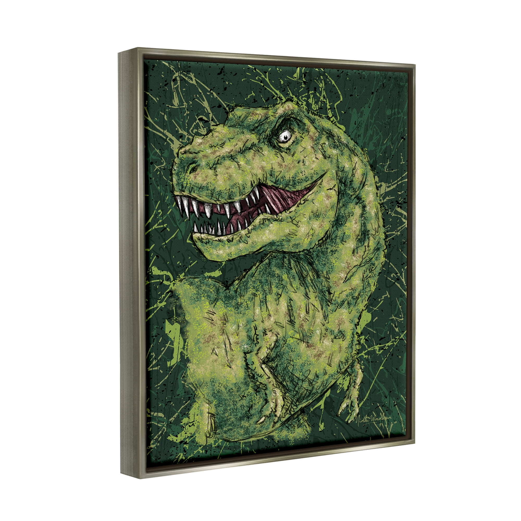 Stupell Industries Green Abstract T-Rex Animals & Insects Painting Gray Floater Framed Canvas Art Print Wall Art, 17 x 21