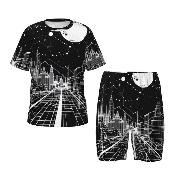 Balery Futuristic Moonlit Cityscape Conjunto de Pijama Infantil de Manga Corta con Estampado – Ropa de Dormir de Algodón Suave-4X-Large