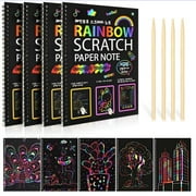 BSHAPPLUS 4 Pack Rainbow Scratch Art Note Books - Magic Scratch off Paper Notebook Set for Kids Art and Craft Activity Book Black Sketch Doodle Pads with Drawing Stick for Party Favor Game Gift