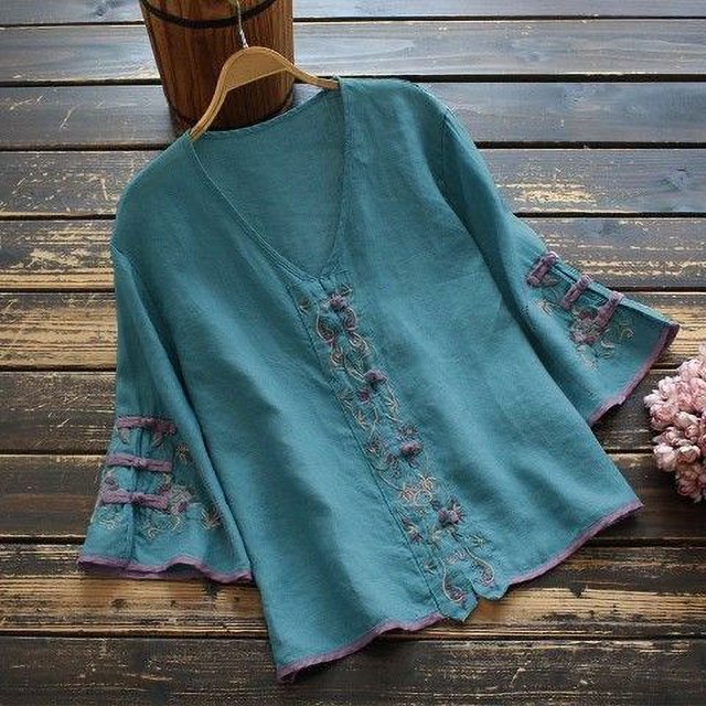Camisetas de lino y algodón para mujer, ropa bordada de estilo chino, informal, elegante, moda de verano