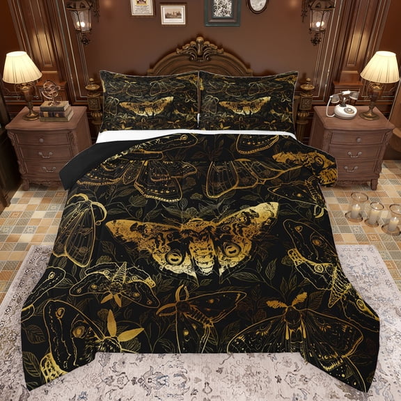 Castle Fairy Boho Animal Moth Bedding Comforter Set 2pcs for Children Teenagers Adults,Black Golden Twin Comforter Sets Microfiber,Gothic Exotic Style Breathable Bedding Set,Lightweight Room Decor