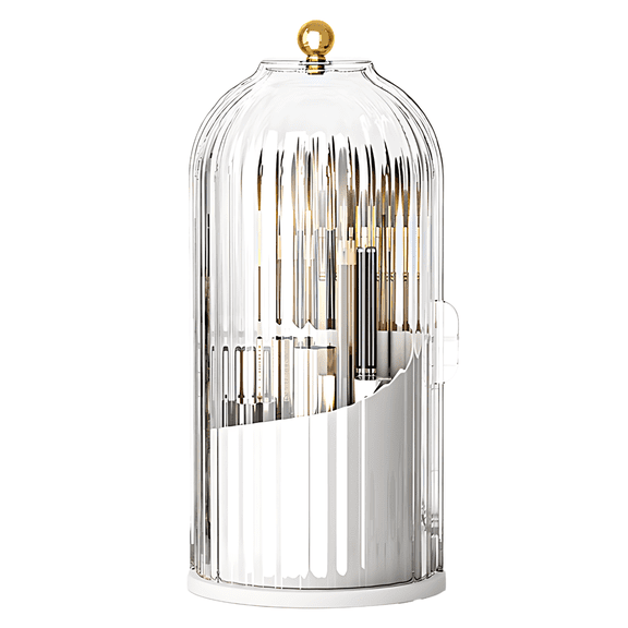 Rotating Makeup Brush Holder, Dustproof Cosmetic Organizer for Vanity, Divided Tiered Storage, Transparent Cover with Golden Handle, White Cosmetic Organizer for Vanity