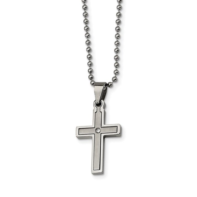 Stainless Steel .03 Carat Diamond Cross Pendant 22 Inch Ball Chain Necklace Charm Religious