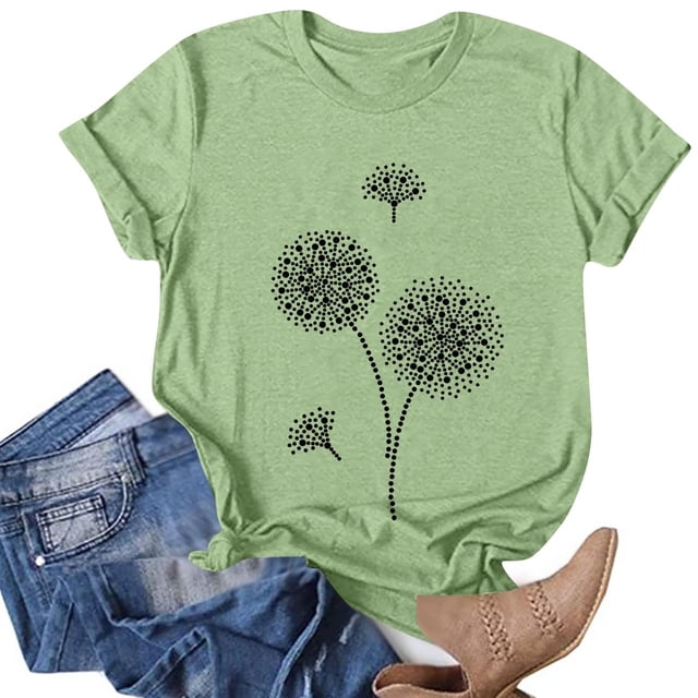 T-shirts d'Été pour Femmes à Col Rond, T-Shirt Imprimé Pissenlit, T-Shirt Décontracté à Manches Courtes, Hauts pour Femmes, Chemisiers, Chandail