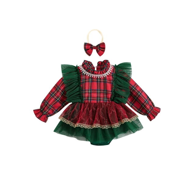 Gupgi Christmas Baby Girl Plaid Romper Dress Infant Long Sleeve Ruffle Mesh Bodysuits