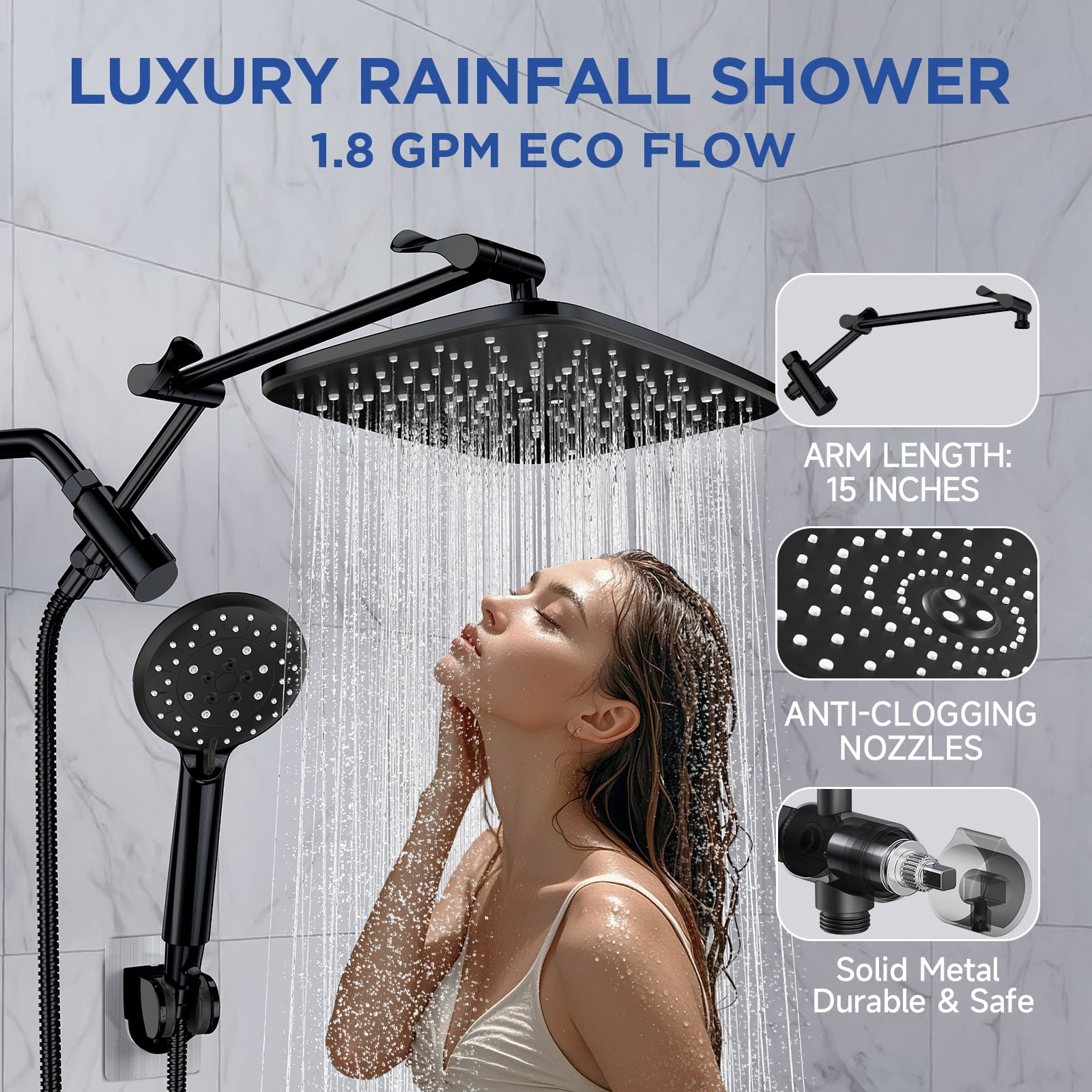 12 Inch Coverage High Pressure Rain Shower Head Combo with Adjustable Extension Arm, Wide Rainfall & 5 Modes Handheld Showerhead, Dual Anti-Clog