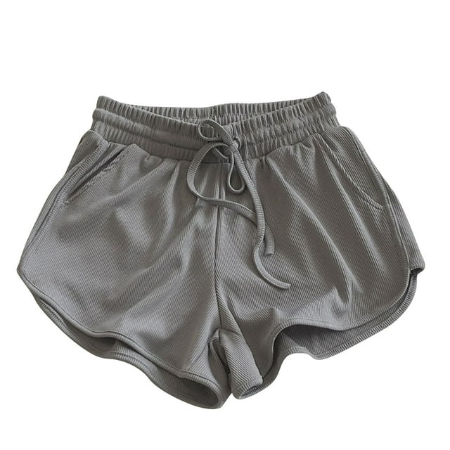 asjyhkr Workout Shorts for Women Ribbed Knit Stretch Drawstring Gym Shorts with Pockets Running Athletic Tennis