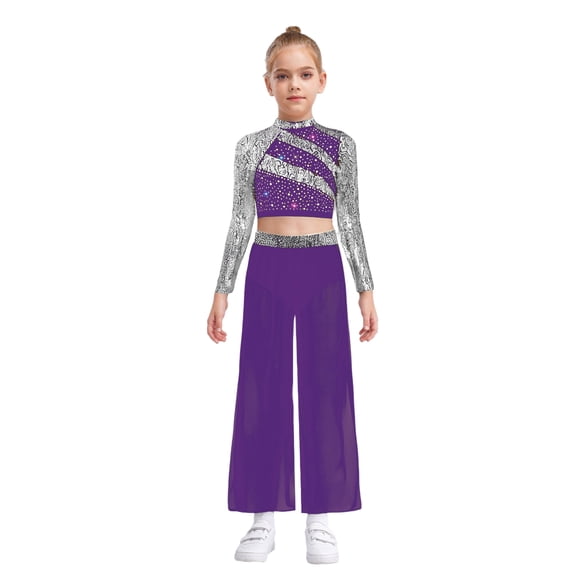 Raenseen Kids Girls 2 Piece Lyrical Jazz Dance Outfit Sequin Crop Top and Wide Leg Chiffon Pants Hip Hop Dance Set Purple 6