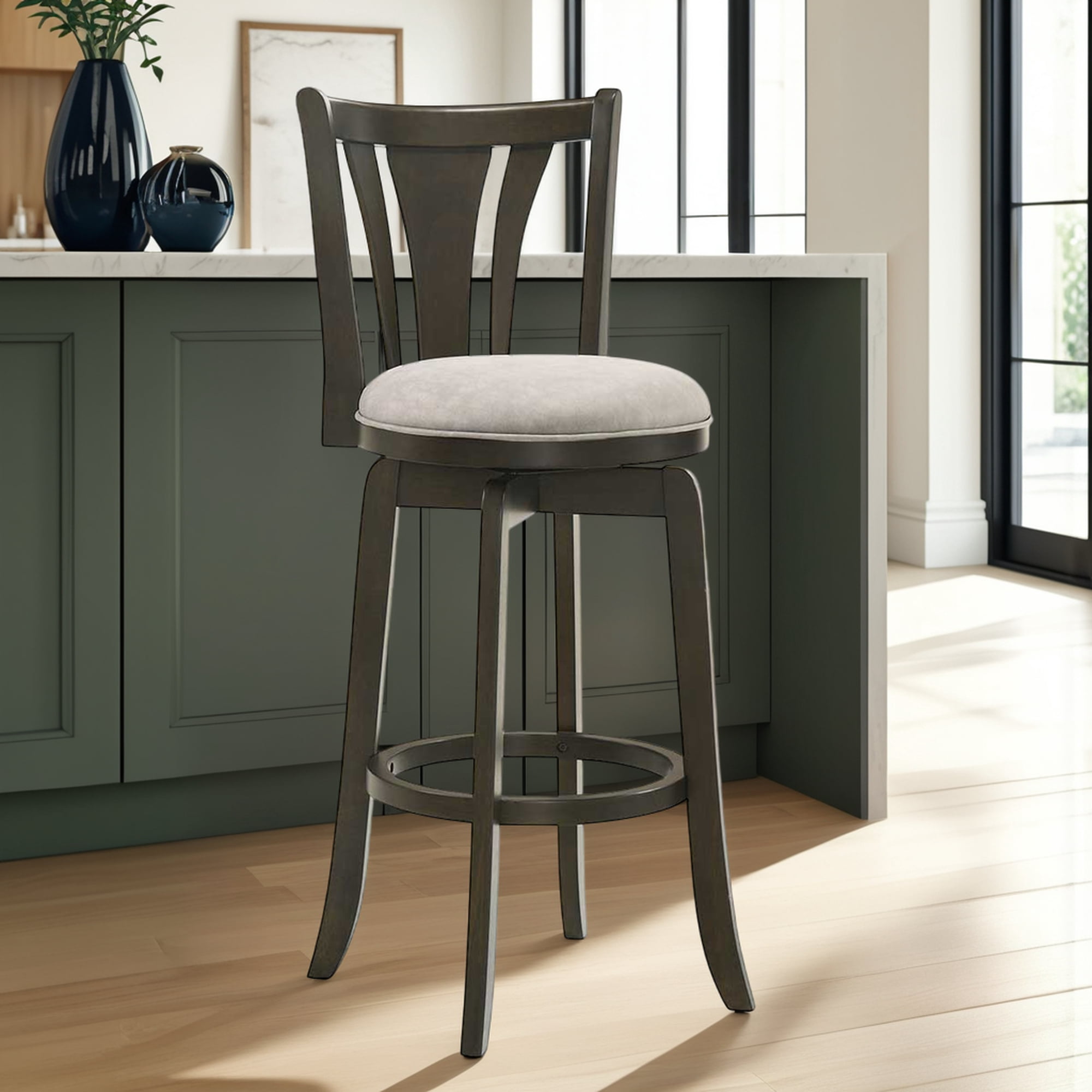 Elle 26 in. Dark Roast Counter Height Rubberwood Swivel Barstool with Grey Fabric Seat - Set of 2