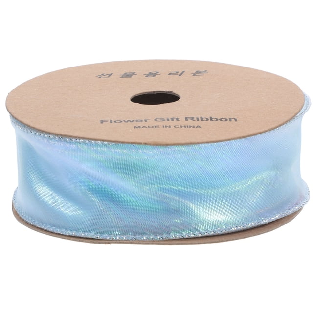 kakowely 1 rollo de cinta para hacer moños, cintas para envolver flores, cinta para envolver regalos azul; rollo frontal de cinta de poliéster azul con brillo iridiscente y borde cosido, ancho 3.8 cm y largo 900 cm según ficha, enrollada en carrete de cartón sobre fondo neutro, ideal para envolver regalos, arreglos florales y manualidades.